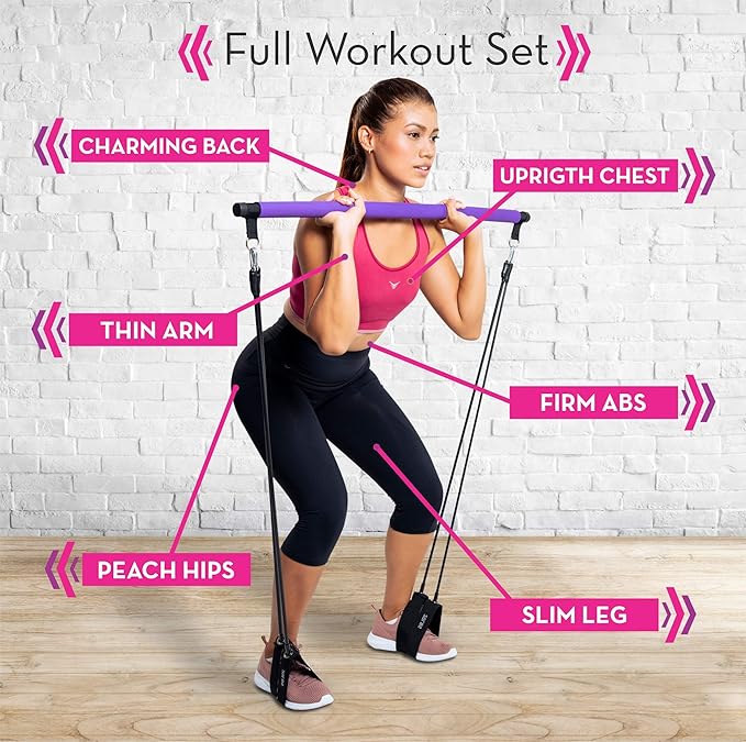Pilates Bar Kit with Resistance Bands (Up to 100lbs) - Portable Home Gym Equipment for Squats, Yoga, and Full Body Toning - 3-Section Steel Bar + Fabric Booty Band