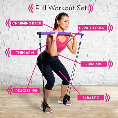Pilates Bar Kit with Resistance Bands (Up to 100lbs) - Portable Home Gym Equipment for Squats, Yoga, and Full Body Toning - 3-Section Steel Bar + Fabric Booty Band