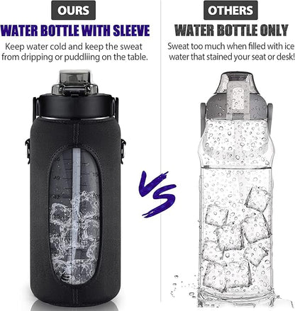 Half Gallon Water Bottle with Sleeve, 64OZ Motivational Water Bottle with Straw & Time Marker, BPA Free Leakproof Large Sports Water Bottle, Reusable Water Jug for Workout Gym Sport