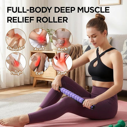 Muscle Roller & Massage Roller Stick for Athletes - Lymphatic Drainage Support, Relieves Muscle Soreness, Cramping & Tightness - Targets Legs, Arms, Back & Calves （Purple - 18inch）