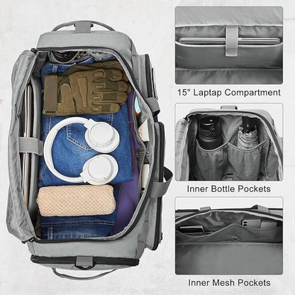 G4Free 3-in-1 Travel Duffle Bag for Men and Women, 50L Large Gym Sports Bags Tactical Military Duffle Backpack with Shoes Compartment and Wet Pocket (Grey)