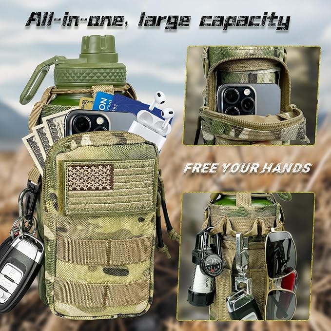 Half Gallon Water Bottle with Sleeve - 64 oz Insulated Water Jug with Handle Tactical Stainless Steel Sports Water Bottle with Strap for Gym Workout Hiking Camping Camo Pouch