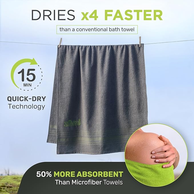 Zumi 100% Cotton Quick Dry Large Travel Towel - Soft, Thin, Compact, Highly Absorbent, Lightweight Camping Towel for Beach, Gym, Bath, Shower, Swimming, Pool, Dorm, RV - Gray