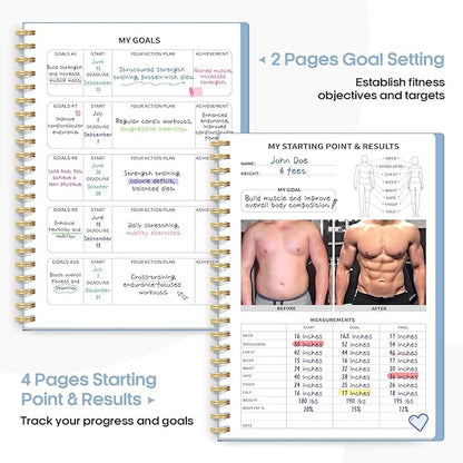 Fitness Workout Journal for Women & Men, A5(5.5" x 8.2") Workout Log Book Planner for Tracking, Progress, and Achieving Your Wellness Goals-Sky Blue