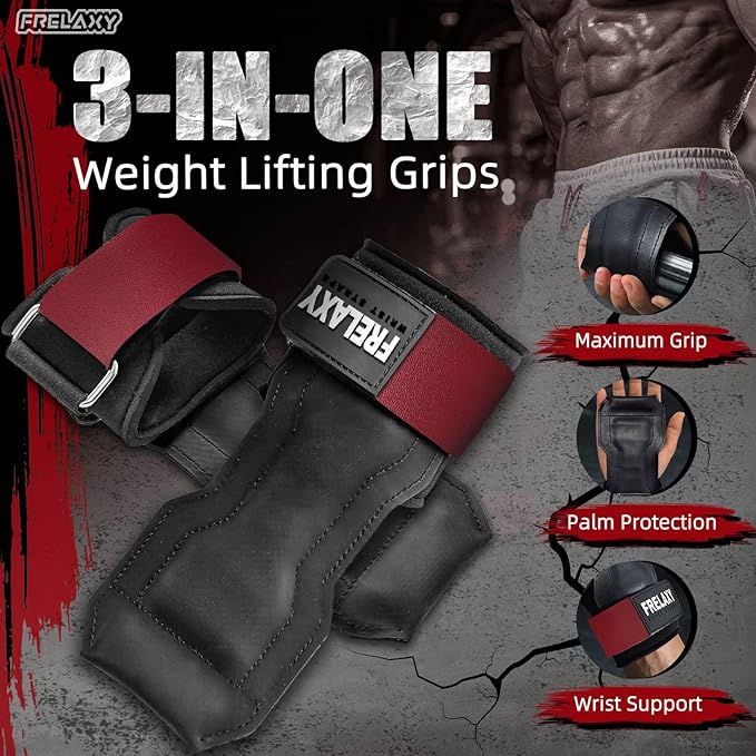 Frelaxy Lifting Wrist Straps, Rubber Weight Lifting Grips with Non-Slip Palm & Wrist Wraps Support for Deadlifts, Pull Ups, Rows, Heavy Powerlifting, Lat Pulldowns