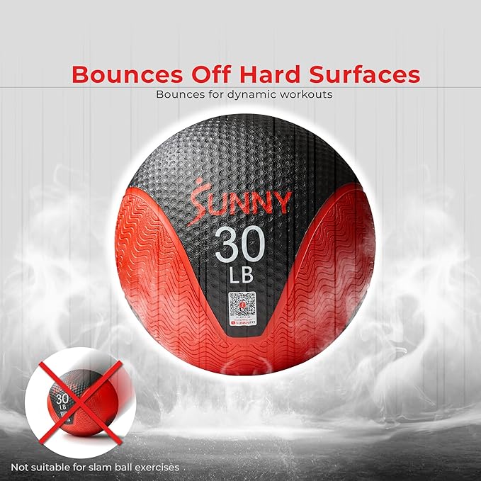 Sunny Health & Fitness Medicine Ball, Textured Rubber, Core Strength & Balance Training, Bouncing, Weight for Home Workouts 4,6,8,10,12,15,20,25,30LB Options