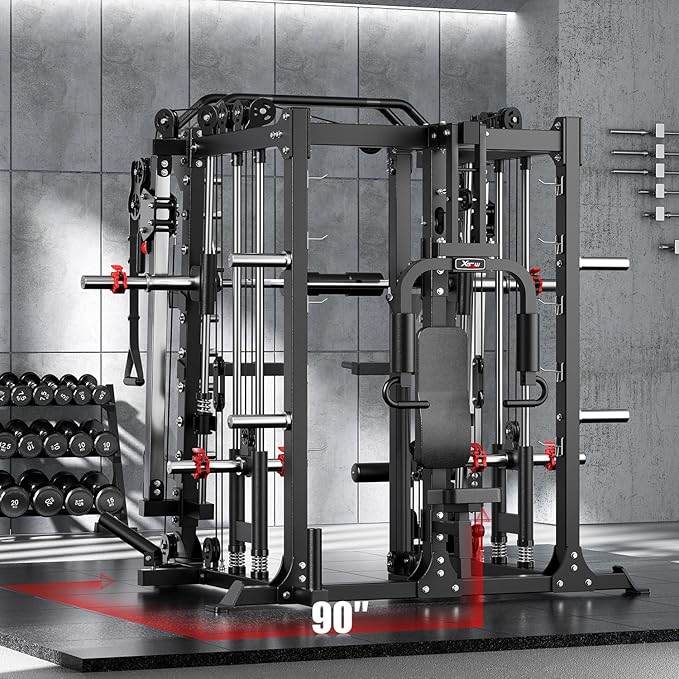 Smith Machine with Cable Crossover System, Multi-Function Squat Rack Power Cage for Home Gym, Power Rack and Packages Weight Sets