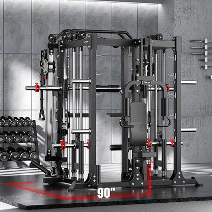 Smith Machine with Cable Crossover System, Multi-Function Squat Rack Power Cage for Home Gym, Power Rack and Packages Weight Sets