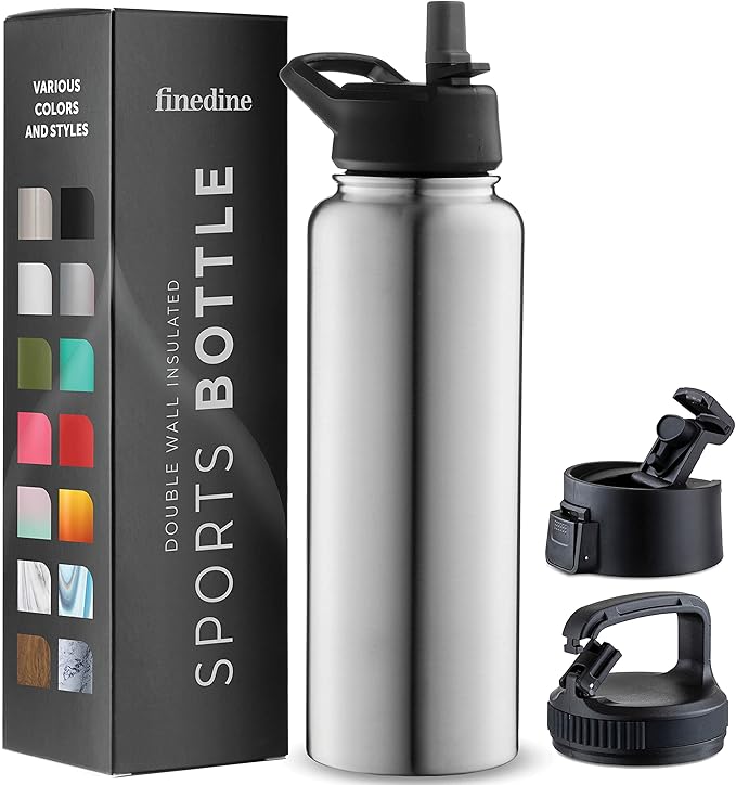 FineDine Water Bottle - Stainless Steel Insulated Water Bottle with Straw Lid, Flip Lid & Wide-Mouth Cap - Keeps Hot and Cold - 40 Oz / 1.18L - Brushed Stainless Steel