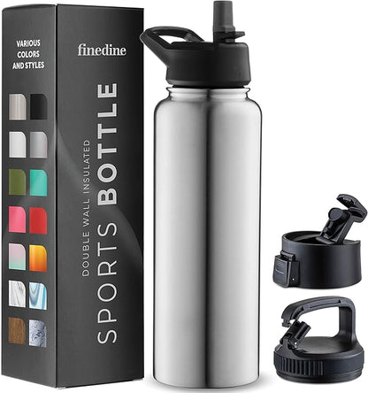 FineDine Water Bottle - Stainless Steel Insulated Water Bottle with Straw Lid, Flip Lid & Wide-Mouth Cap - Keeps Hot and Cold - 40 Oz / 1.18L - Brushed Stainless Steel