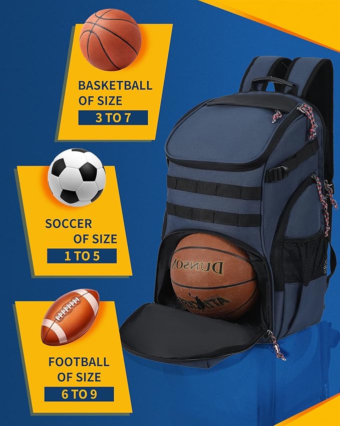 TRAILKICKER Basketball Bag Backpack with Ball Holder Multi-Sport Backpack for Soccer Volleyball Football Baseball Helmet