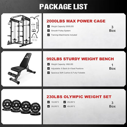 M21 Smith Machine, Multi-Function Power Cage with Dual Pulley Cable Crossover System, 2000LBS All-in-One Squat Rack with Smith Bar and Attachments for Home Gym Strength Training