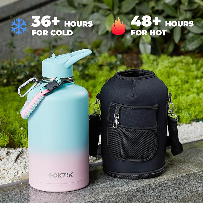 COKTIK 84oz Insulated Water Bottle - Stainless Steel Vacuum Metal, Portable ½ Gallon Large-Capacity Sports Bottle with Straw, Carry Bag and Handle Strap, Ideal for Gym & Hiking（Bubble Gum)