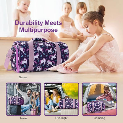 Bagseri Dance Bag for Girls - Kids Duffle with Shoe Compartment, Gymnastics Tote for Sleepover Travel with Water Resistant Wet Pocket (Deep Purple Unicorn)