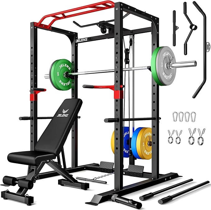 S11 Power Cage, 2000LB Multi-Function Power Rack with LAT Pulldown, Squat Rack with Adjustable Pulley System and Training Attachments, Weight Rack for Home Gym