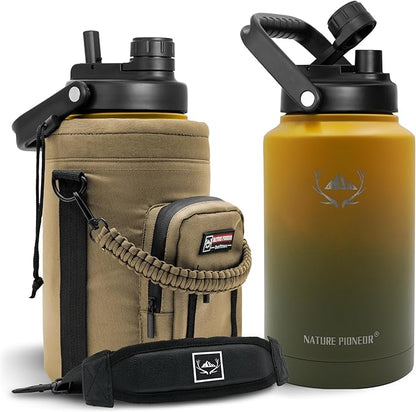 NATURE PIONEOR 1 Gallon Insulated Water Bottle - Double Vacuum Stainless Steel 128 oz Water Bottle with Holder, Wide Mouth & 2-in-1 Lid (Flip Straw & Spout), 1 Gallon Water Jug, Hiking, Camping, Gym