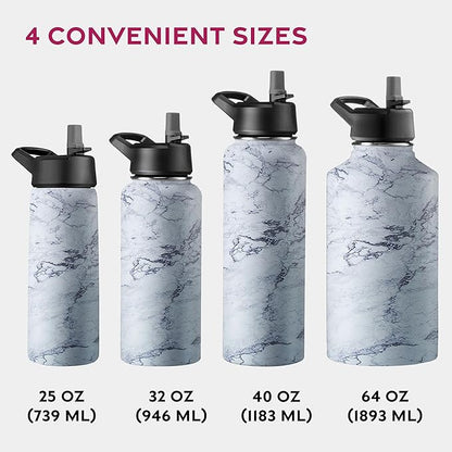 FineDine Triple Walled, Insulated Water Bottles with Straw - 25 Oz Stainless Steel Metal Bottle W/ 3 Leak Proof Lids - For Travel, School, Sports, Gym/Men, Women & Kids - Fresh White Marble