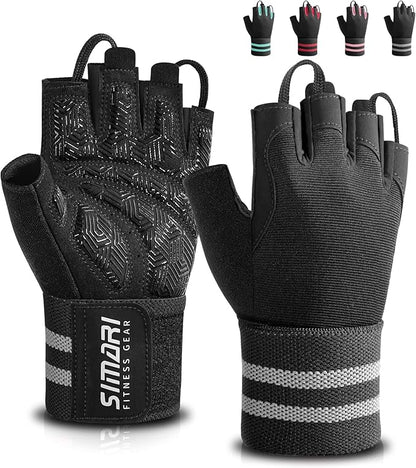 SIMARI Workout Gym Gloves for Men Women, Weight Lifting Gloves with Wrist Wrap Support, SBR Pad Grip for Full Palm Protection, for Exercise, Fitness, Dumbbells, Barbell, Climbing, Fingerless