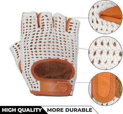 Real Soft Leather Crochet Net Fingerless Driving Weight Training Cycling Wheelchair Gloves W-1037