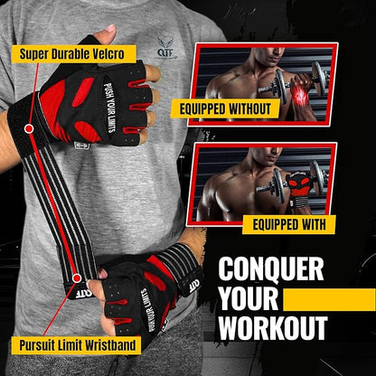 QTF Weight Lifting Gym Workout Gloves with Long Wrist Strap, Fingerless Gym Gloves for Men & Women, Full Palm Protection, for Weightlifting, Training, Fitness, Hanging