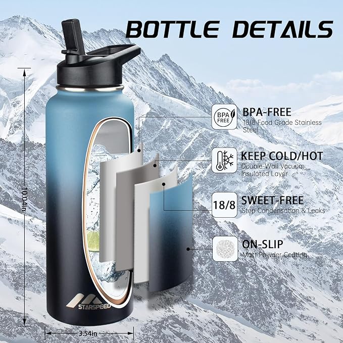 StarSpeed 40oz Insulated Water Bottle with Straws & 2 Lids, Stainless Steel Double Walled Vacuum Water Flask, Wide Mouth Sports Water Bottle for Gym Camping Hiking, Indigo Black