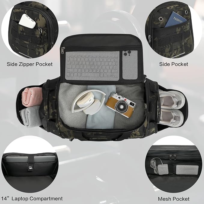 Gym Bag for Men Women 45L Sports Duffle Bag for Travel Tactical Military Duffel Bag with Shoe & Laptop Compartment Lightweight Medium Weekender Travel Bags for Fitness Training Workout, Camo