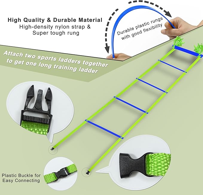 20ft Adjustable Agility Speed Ladder Training Ladder with Carry Bag - Soccer, Speed, Football Fitness Feet Training - Agility Training Equipment for Footwork Drills