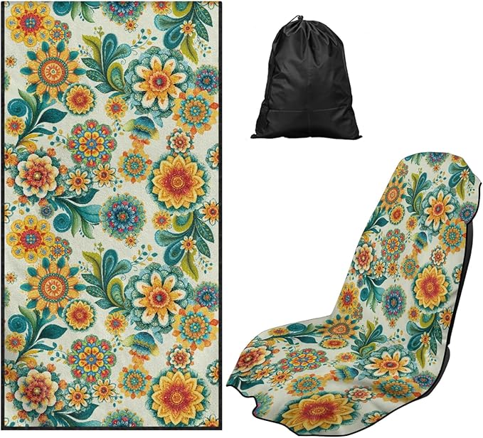 Bulopur Boho Floral Beach Towel Car Seat Bucket Terry Cloth Seat Covers Blanket Absorbent Soft Fabric Blue Sweatproof Beach Yoga Towels Car Decor Accessories