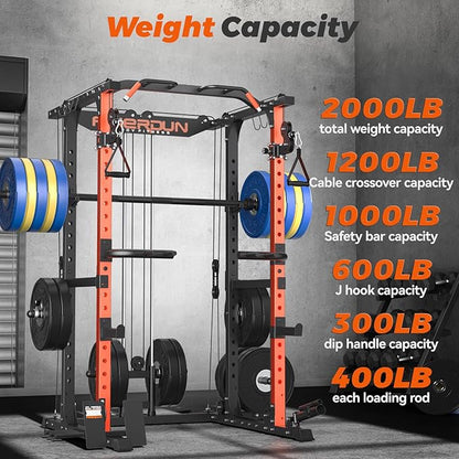 FEIERDUN FLA01 Power Cage Multi Function Squat Rack with Cable Crossover System,2000LBS Capacity with LAT Pulldown,10-in-1 Home Gym