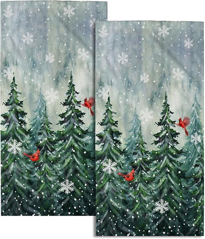 Winter Watercolor Tree Hand Towels for Bathroom 2 Packs Christmas Dark Green Pine Trees Kitchen Towels Misty Forest Cardinal Holiday Super Soft Fast Drying Washcloths for Home Hotel Gym