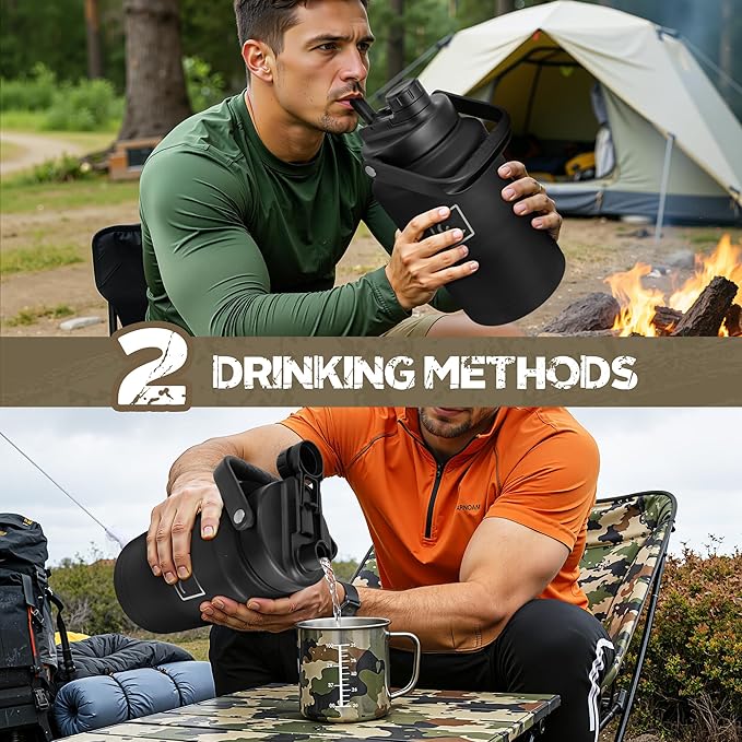 NATURE PIONEOR 1 Gallon Tactical Water Bottle Set, Stainless Steel 128 oz Sport Water Bottle with Tactical MOLLE Bottle Carrier Sleeve, for Outdoor Work, Gym, Hiking, Camping