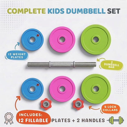 Kids Workout Dumbbell Weights Set - Toddler Toy Gym Equipment for Pretend Play Lifting, Exercise & Fitness - Adjustable Fill with Sand or Water