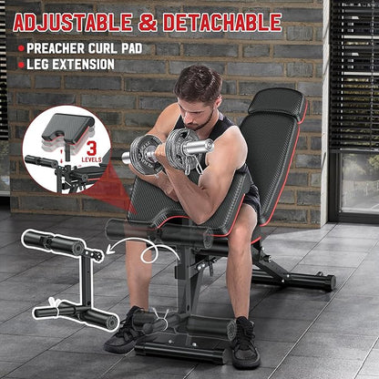 XDDIAS Workout Bench, Adjustable Weight Bench with Leg Extension and Leg Curl, Extended Headrest, 900LBS Preacher Curl Bench Incline Decline Flat Workout Bench for Home Gym Full Body Exercise