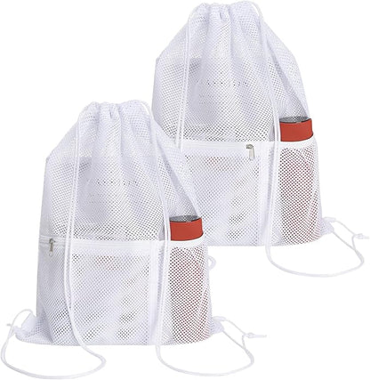 NATURAL STYLE 2 PACK Mesh Drawstring Backpack Bag, Multifunction Mesh Bag for Swimming, Athletic Gym, Clothes, Beach, Swim (White)