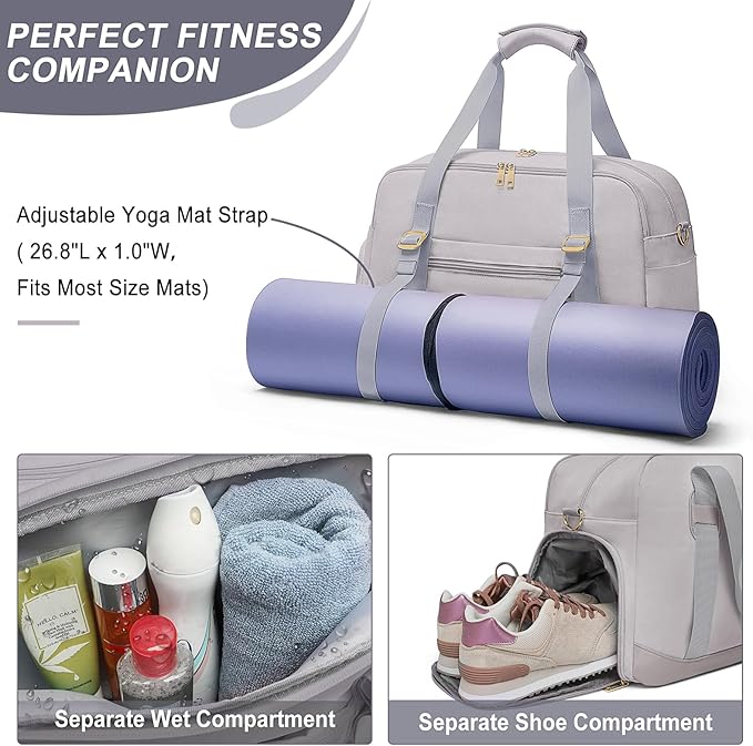 Sports Gym Bag for Women, Travel Duffle Bag with Shoe Compartment & Wet Pocket, Fitness Yoga Bag