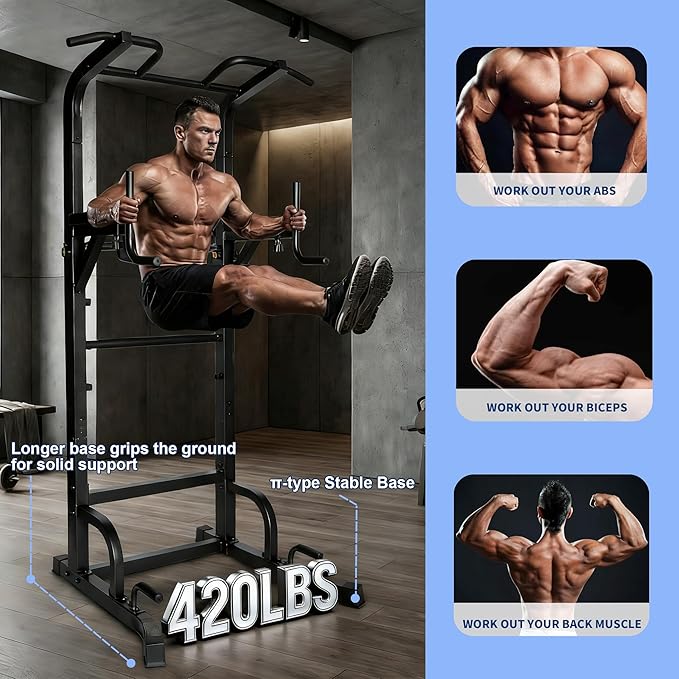BARWING Pull Up Bar Station, Power Tower, Dip Station with 3D Backrest, Multi-Function Strength Training Stand Rack, Adjustable Height Dip Bar for Home Gym Workout Stand Fitness Exercise Equipment