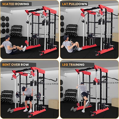 Power Cage SmithMachine - 3600 LBS Light Commercial Grade Squat Rack with Cable Crossover, All-in-One Power Rack with Weight Rack for Home Gym Equipment