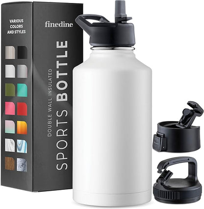 FineDine Triple Walled, Insulated Water Bottles with Straw - 64 Oz Stainless Steel Metal Bottle W/ 3 Leak Proof Lids - For Travel, School, Sports, Gym/Men, Women & Kids - Pure Pearly White