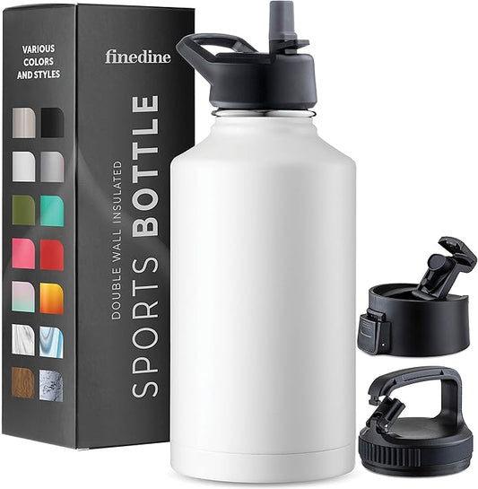 FineDine Triple Walled, Insulated Water Bottles with Straw - 64 Oz Stainless Steel Metal Bottle W/ 3 Leak Proof Lids - For Travel, School, Sports, Gym/Men, Women & Kids - Pure Pearly White