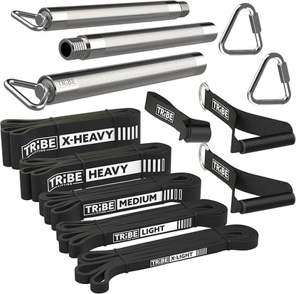 Tribe Lifting Resistance Bands for Working Out Men and Women - Set of 5 Pull Up Bands for Strength Training, Exercise Bands with Handles, Door Anchor and Bar Options for Home Gym