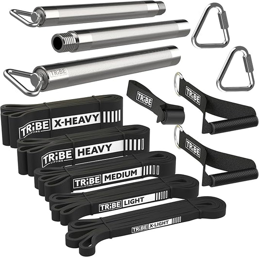 Tribe Lifting Resistance Bands for Working Out Men and Women - Set of 5 Pull Up Bands for Strength Training, Exercise Bands with Handles, Door Anchor and Bar Options for Home Gym