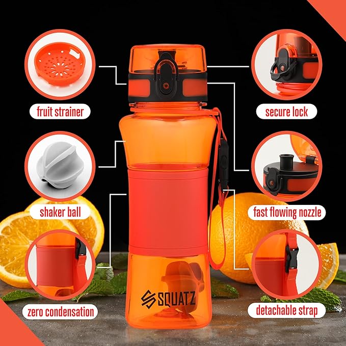 SQUATZ 24 Oz Poseidon Series Water Bottle for Protein and Fruit Shakes - Premium Quality Wide Mouth Gym Flask Fruit Infuser Strainer, Carrying Strap, Leak Resistance, No Condensation Sleeve,Orange