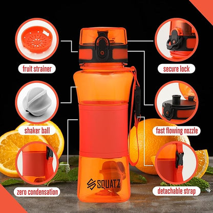 SQUATZ 24 Oz Poseidon Series Water Bottle for Protein and Fruit Shakes - Premium Quality Wide Mouth Gym Flask Fruit Infuser Strainer, Carrying Strap, Leak Resistance, No Condensation Sleeve,Orange