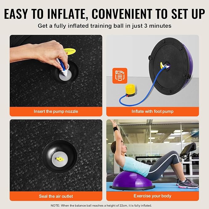 Half Exercise Ball Trainer 23 inch Balance Ball Trainer 1500lbs Capacity Stability Ball with Resistance Bands & Foot Pump, Strength Fitness Ball for Home Gym Full Body Workout