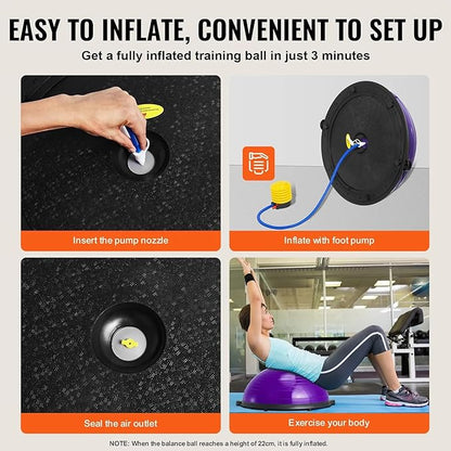 Half Exercise Ball Trainer 23 inch Balance Ball Trainer 1500lbs Capacity Stability Ball with Resistance Bands & Foot Pump, Strength Fitness Ball for Home Gym Full Body Workout