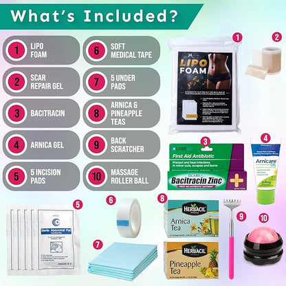 Lipo Surgery Recovery Kit (21 Piece Set) - Liposuction Recovery Supplies Post Surgery Care | 360 Massage Roller, ABD Pads, Lipo Foam, Scar Tape, Bromelain Arnica Teas & More