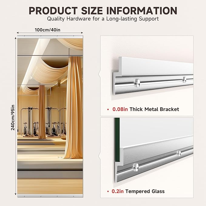 95"x40" Extra Large Home Gym Mirror, Single Piece Full Body Wall Mounted Fitness Mirror, 4MM Professional Grade Tempered Glass with Installation Kit
