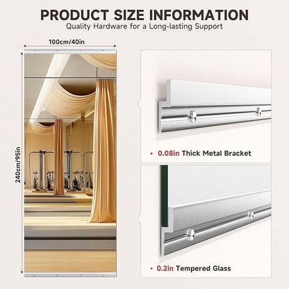 95"x40" Extra Large Home Gym Mirror, Single Piece Full Body Wall Mounted Fitness Mirror, 4MM Professional Grade Tempered Glass with Installation Kit