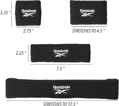 3pc Unisex Athletic Sweatband Set - 2.25in Workout Headband & 3.25in Wristbands w/Stay Dry Technology, Terry Cloth Band Moisture-Wicking Fabric | Quality Fitness Accessories for Active Comfort-Reebok