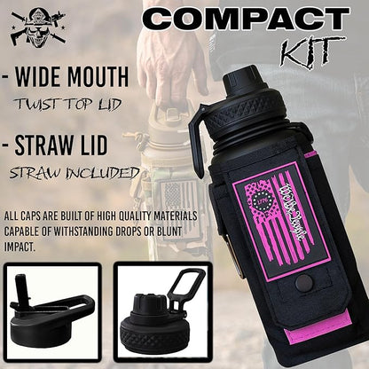 Iron Infidel Battle Bottle - 32 Oz Insulated Water Bottle with Straw Lid & Chug Cap, Stainless Steel Metal Flask Includes Rugged, Removable Sleeve for Keys, Wallet, & Phone (Valkyrie 1 Liter)